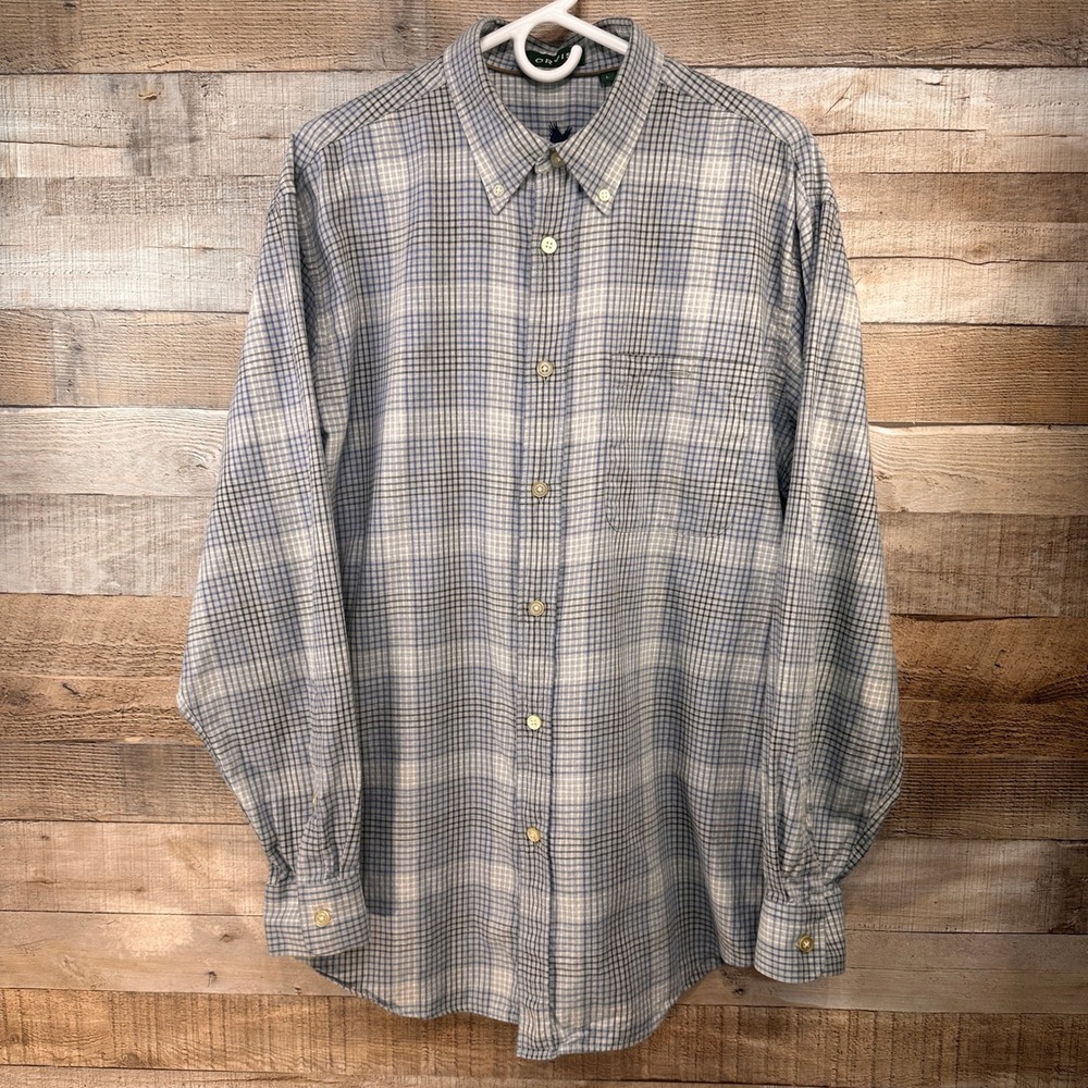 Orvis Mens Country Twill Plaid Button Down Shirt Blue Grey Black Size Large